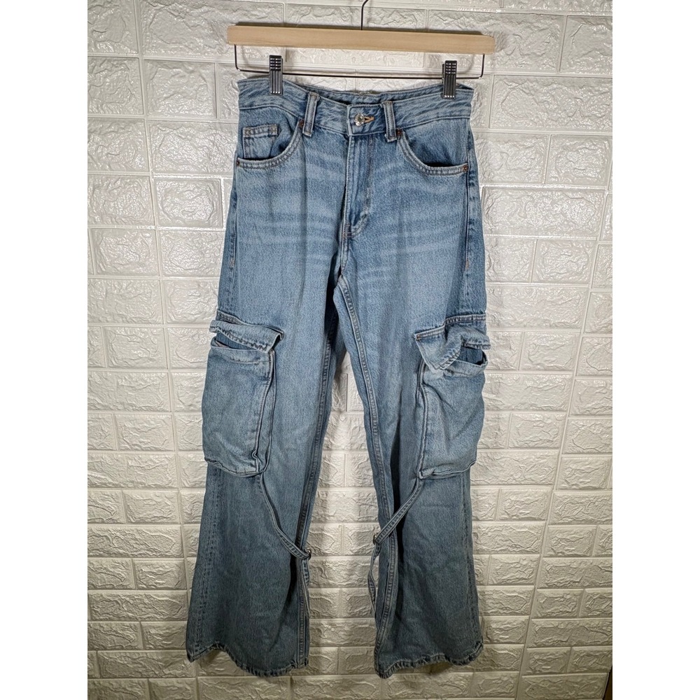Zara‎ Womens Jeans Size 0 Light Wash Wide Leg Cargo Strap Detail Distressed